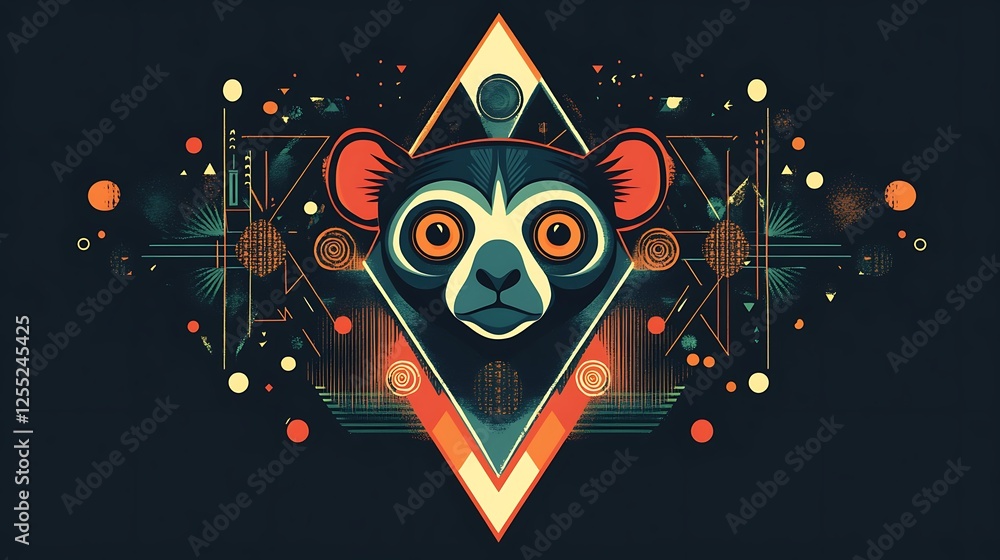 Poster abstract lemur portrait; geometric design; digital art; background elements; possible use for poster