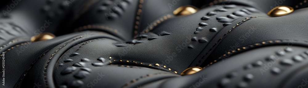 Poster rich black leather features intricate embossed patterns and subtle gold foil highlights, offering a 