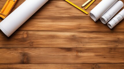 Architectural project materials laid on a table at a construction site, featuring blueprints, pencils, and city lights in the background