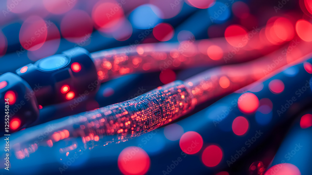 Poster close-up of colorful fiber optic cables with bokeh effect and vibrant light patterns in a dynamic te