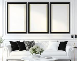 Three large, thick black frames hang on the wall of an elegant living room with white walls, a sofa, and a coffee table. Marble accessories, black pillows, and soft lighting create a cinematic, 
