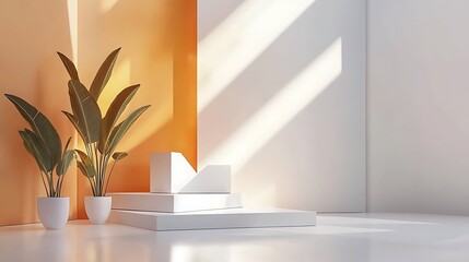 Fototapeta premium Modern interior design, plants, sunlight, display podium, showcasing