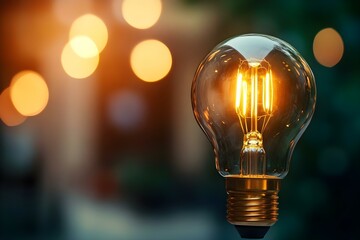 A vintage-style light bulb emits warm, glowing light against a blurred, colorful background of bokeh. Concept Vintage Light Bulb, Warm Glow, Bokeh Background, Retro Aesthetic, Soft Focus