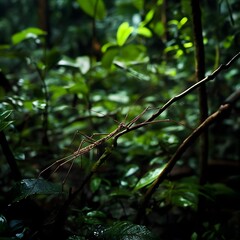 A stick insect blending seamlessly with twigs in a dense rainforest.