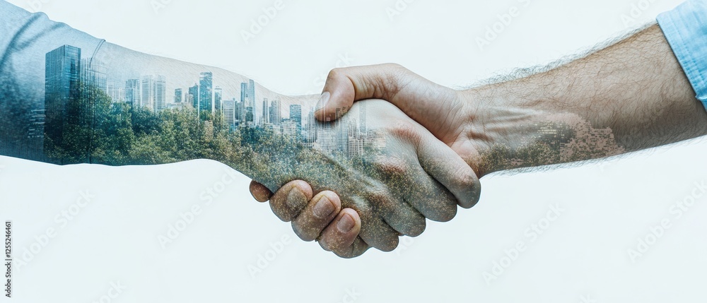 Poster hands shaking in partnership, symbolizing collaboration and trust in business; diverse backgrounds m