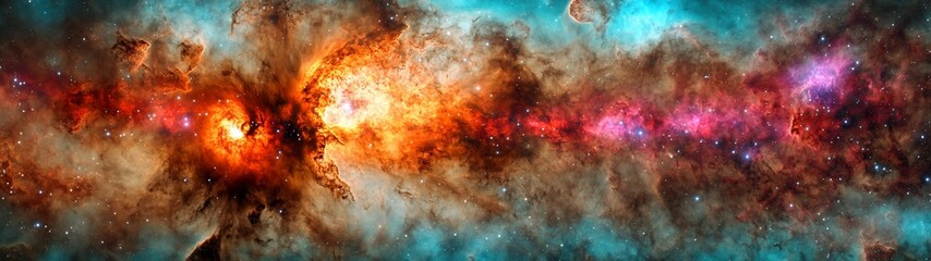 Fototapeta premium Vivid Cosmic Nebula Colorful Space Background Red Orange Teal Stars Galaxy
