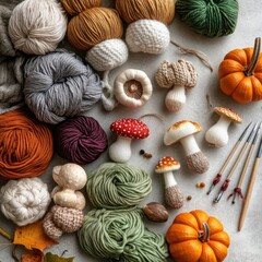 Autumn crafts yarn, mushrooms, pumpkins
