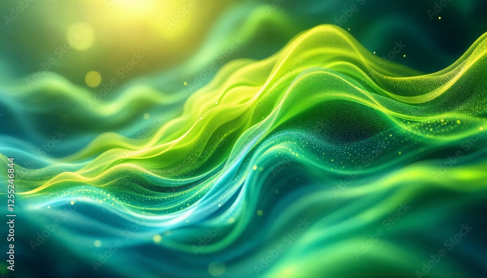 Poster luminous abstract wave pattern with green and blue tones and subtle sparkling accents