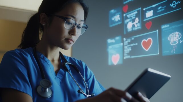 Healthcare professional analyzing patient data on a smartphone with digital health metrics displayed on a screen. Focus on technology in medicine.