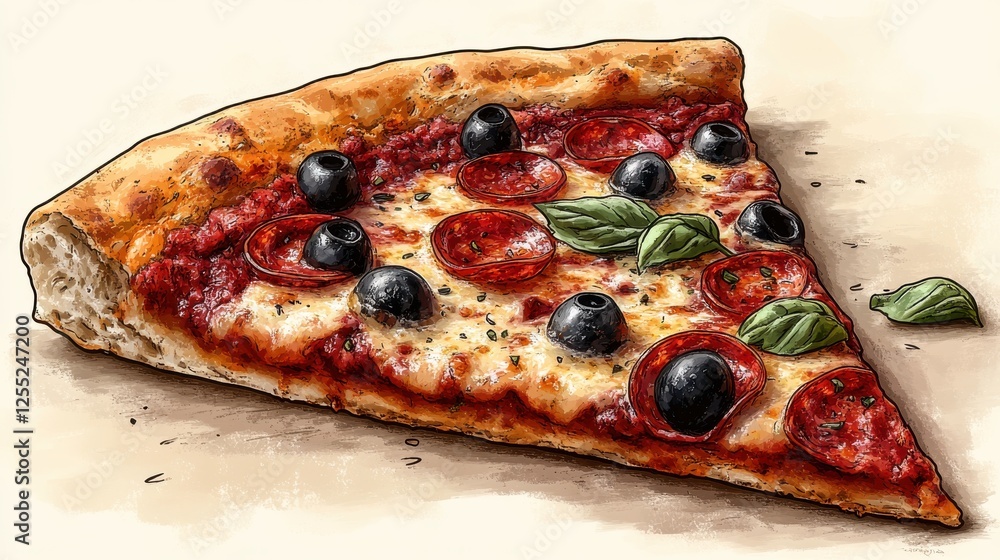 Poster slice of pizza with oliv isolated on transparent background catoon style