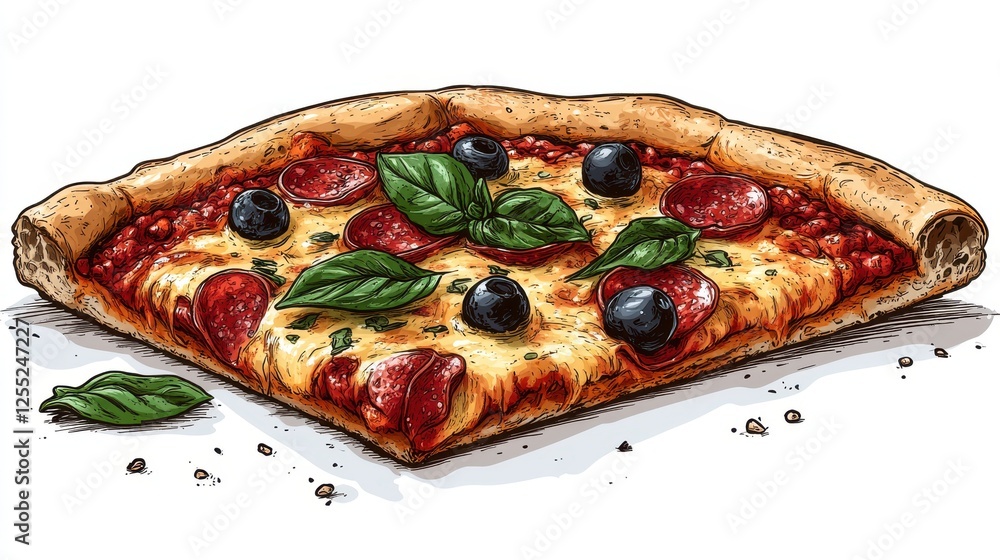 Poster slice of pizza with oliv isolated on transparent background catoon style