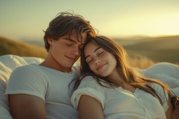 Fototapeta premium A young couple embraces in a serene sunset landscape, their love palpable in their tender moment.