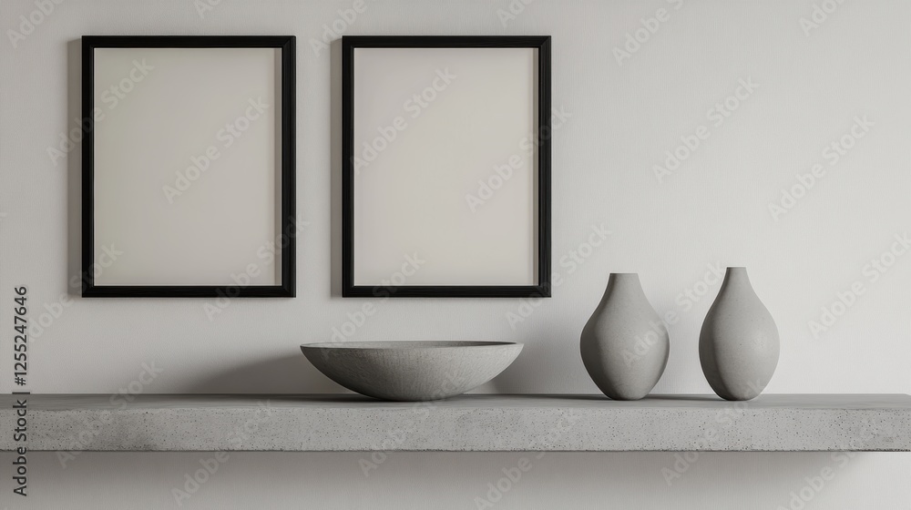 Poster home decor featuring empty picture frames and modern vases on a minimalist shelf, creating a stylish