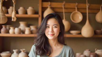 Woman Smiling in Pottery Studio Surrounded by Handmade Clay Vessels and Natural Artifacts in Warm and Inviting Atmosphere