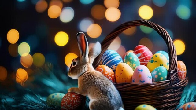 Abstract Colorful Easter eggs in basket and Rabbits on black technology background with light

