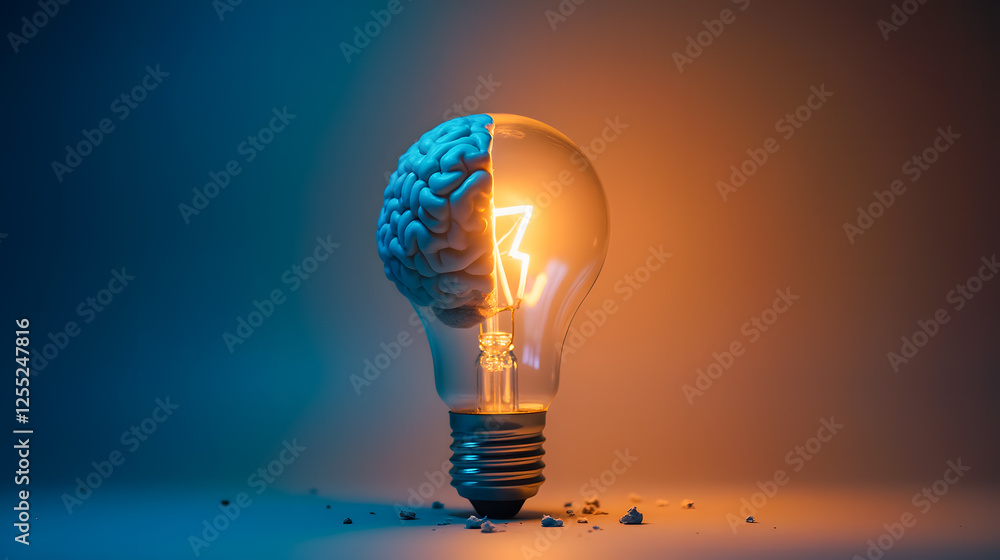 Poster conceptual image of light bulb with brain symbolizing creativity and innovation in dark blue and ora