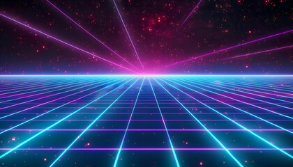 Obraz premium Retro 80s video game background with grid of blue light streaking in space