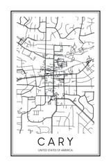 Printable downtown road map poster of the USA city of CARY on solid white background with city name
