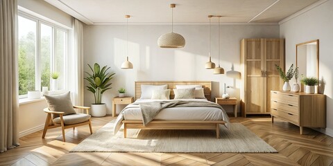 Fototapeta premium Serene Scandinavian bedroom: light wood, cozy accents, minimalist design.