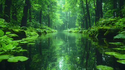 Obraz premium Serene forest stream, lush greenery, misty morning, nature scene, ideal for calming backgrounds