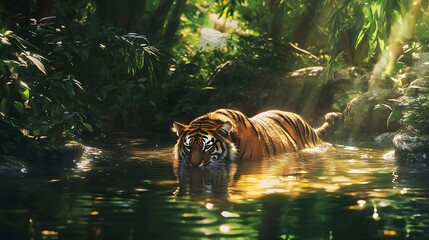 A tiger bathing in a shallow jungle stream, sunlight filtering through the leaves.