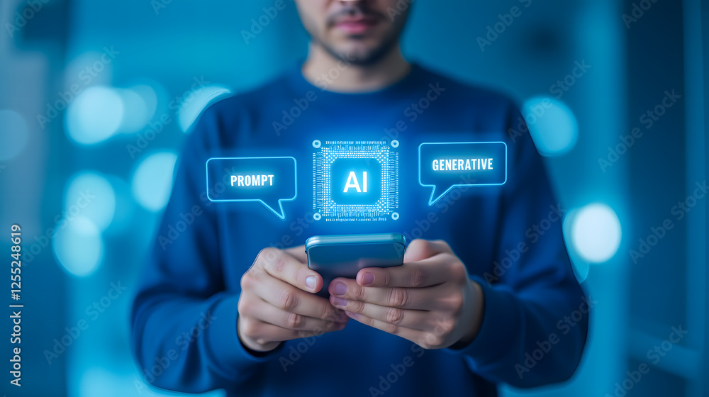 Poster man using smartphone to interact with generative ai technology and visualize prompt options in moder