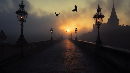 Obraz premium Misty sunrise over cobblestone bridge, castle background, atmospheric travel scene