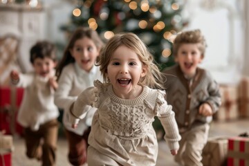 Fototapeta premium Children Joyfully Racing Towards Christmas Presents on a Festive Morning Filled With Excitement and Cheer