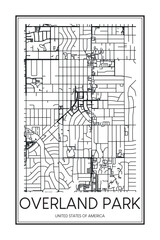 Printable downtown road map poster of the USA city of OVERLAND PARK on solid white background with city name