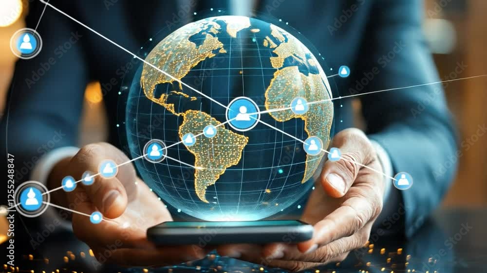 Aufkleber global connection: a person holds a glowing globe with interconnected nodes, symbolizing global conn