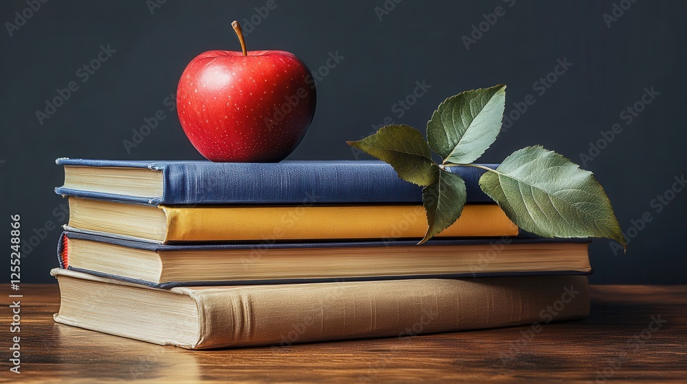 Poster stack colorful books with red apple isolated on transparent background