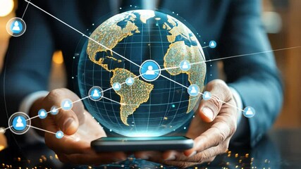 Global Connection: A person holds a glowing globe with interconnected nodes, symbolizing global connectivity and technological advancements in a modern setting.