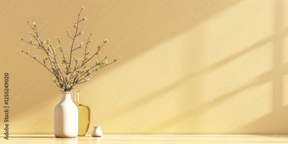 Poster a minimalist design with a soft butter yellow background, simple geometric patterns and smooth textu
