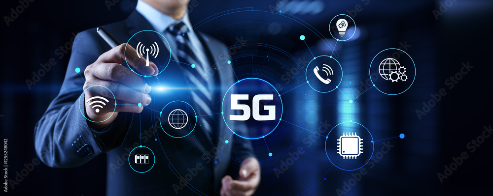 Poster 5g high-speed internet connection concept. businessman pressing button on screen.