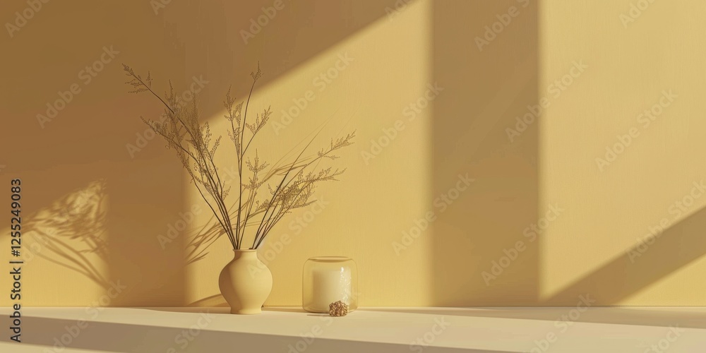 Poster a minimalist design with a soft butter yellow background, simple geometric patterns and smooth textu