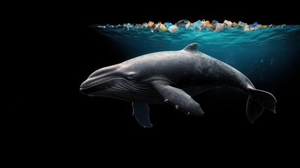 Fototapeta premium World Whale Day concept, A serene whale swimming amidst ocean debris, highlighting marine pollution issues.