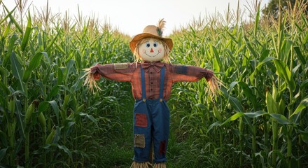 Cheerful scarecrow in cornfield at sunrise embraces autumn harvest season