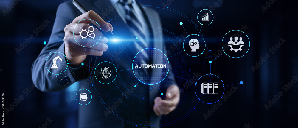 Poster automation innovation technology concept. businessman pressing button on screen.