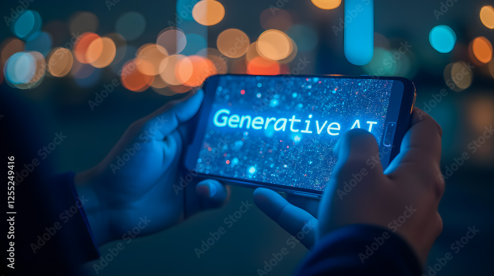 Poster individual using smartphone to explore generative ai concept in urban night setting with bokeh light