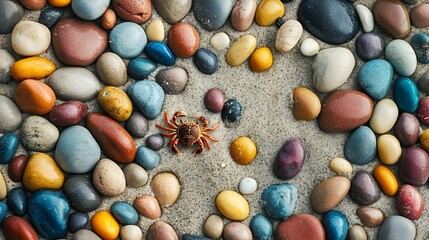 tiny crab on a sandy beach, its colors mimicking the scattered pebbles around it. 