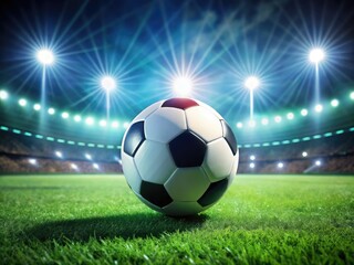 Stadium lights blaze, illuminating a dramatic night soccer game; players poised, ball close-up, ready for action.