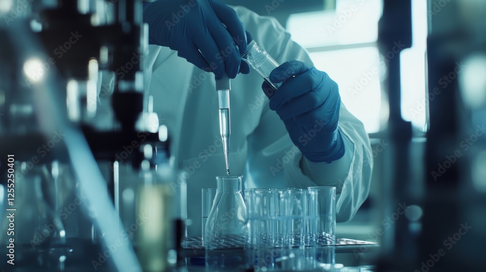 Poster laboratory research with scientist using pipette and glassware for chemical analysis, conducting exp