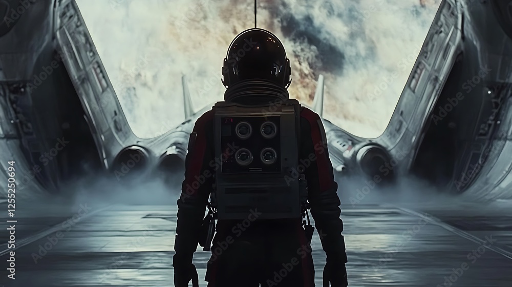 Poster Astronaut Emerging from Spaceship, Cosmic Background, Futuristic Setting