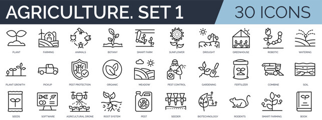 Set of 30 outline icons related to agriculture. First set. Linear icon collection. Editable stroke. Vector illustration