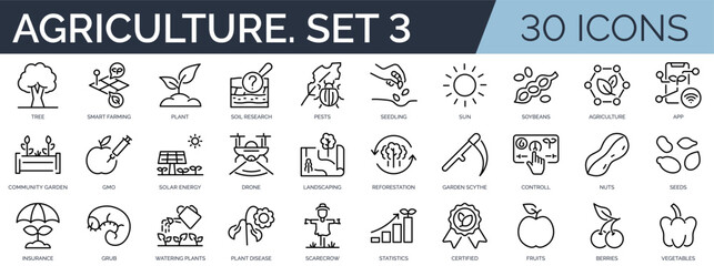 Set of 30 outline icons related to agriculture. Third set. Linear icon collection. Editable stroke. Vector illustration