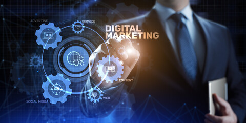 DIgital marketing online internet SEO SEM SMM. Businessman pressing button on screen.