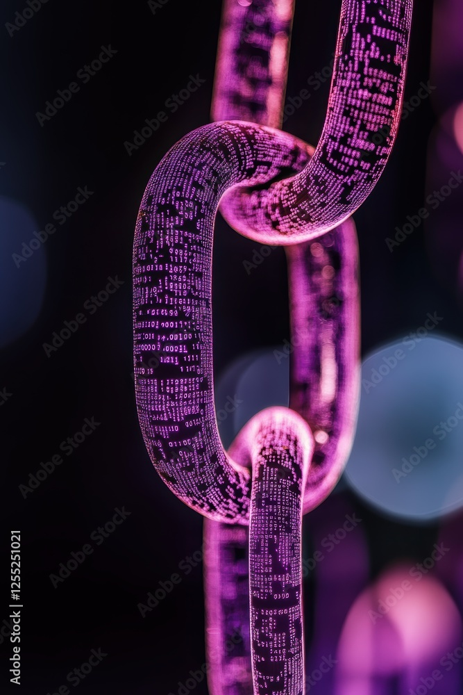 Poster linking digital connections with vibrant purple chain elements representing blockchain technology an