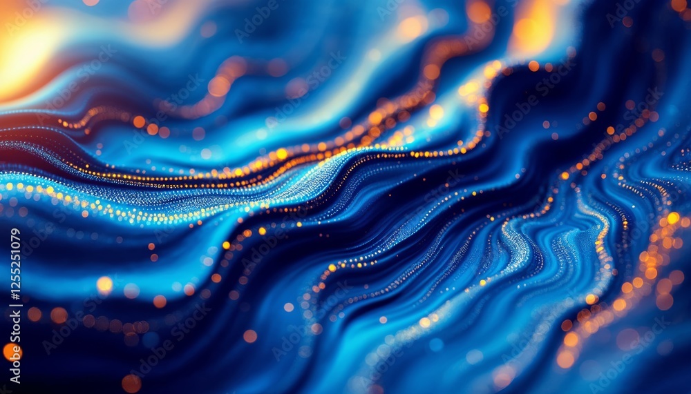 Poster luminous data streams flowing across a digital aqueous landscape