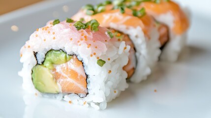 Sushi rolls on a plate, closeup view of salmon and avocado.  Possible use for food blog or restaurant menu