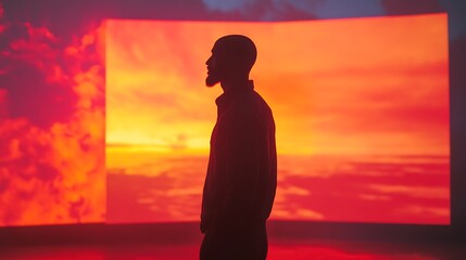 Man in silhouette, vibrant screen, sunset background, artistic photography, use for digital art, advertising